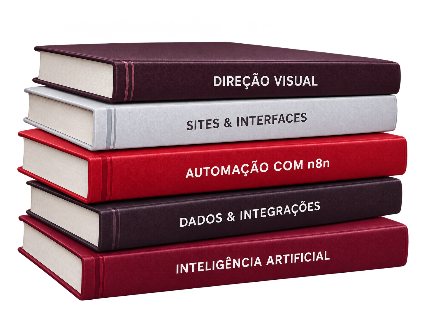 Pilha de livros: direção visual, sites e interfaces, automação com n8n, dados e integrações e inteligência artificial
